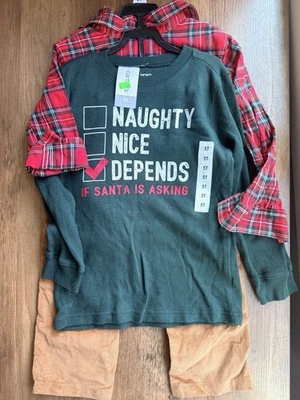 Carter's Niños Navidad 3 Piezas Conjunto Pantalones 2 Camisas Vacaciones Travieso O Bonito Talla 5T Foto 1 de 4