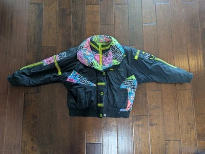 East West Jacket Adult Size Small Black Neon RAD 80s Vintage Ski Streetwear  - Image 1 of 4