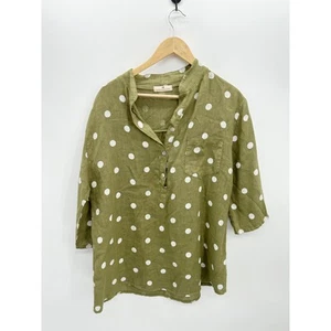 Lands Downunder Tunic Women Medium Green Polka Dot Linen Italy 3/4 Sleeve - Picture 1 of 7