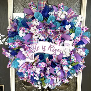 He is RISEN! Easter Spring Deco Mesh Front Door Wreath Decor Through Summer 25" - Picture 1 of 6