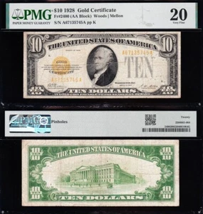 VERY NICE Bold & Crisp VF 1928 $10 GOLD CERTIFICATE! PMG 20! FREE SHIP! 35745A - Picture 1 of 3