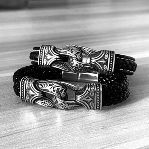 Men Retro Punk Bangle Carving Design Single Double Knotted Rope Leather Bracelet - Picture 1 of 7