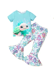 New Girls Size 5 Turtles Blue Short Sleeve Silky Soft Bell Pants Set Outfit - Picture 1 of 3