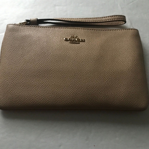 Coach grande polsino in pelle marrone neutro con zip superiore con tasche antiscivolo multiple int