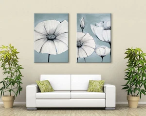 ZEN CANVAS WALL ART DUCK EGG BLUE /GREEN /WHITE GREY JAPANESE FLOWERS NEW PRINT - Picture 1 of 5