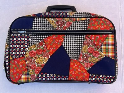 Vintage 16x10 Soft Suitcase 60s Patchwork Pattern Boho Retro Travel Case - Image 1 of 4