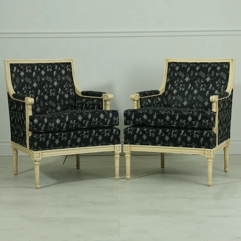 Beautiful Pair of Antiqued White Mahogany English lounge Arm Chairs Cover