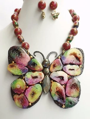 Big Butterfly Gemstone Leather Necklace Earrings Signed One of a Kind Foto 1 de 4