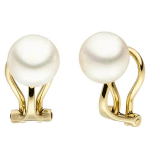 Ear Clips With Freshwater Pearls 585 Yellow Gold Plain Earrings - Picture 1 of 1