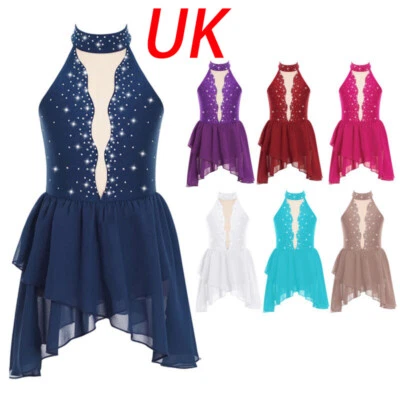 UK Girls Shiny Rhinestone Dance Dress Leotard Lyrical Modern Ballet Costume - Image 1 of 3