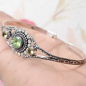 Peridot Cut & Citrine Topaz Gemstone Cuff 925 Sterling Silver Pretty Bracelet - Picture 1 of 7