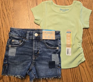 NWT Thereabouts Girls Green Waffle Tee & Denim Patchwork Shortie Shorts Size 4/5 - Picture 1 of 7