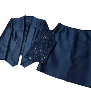 Tahari Luxe 3 Piece Skirt Suit Women’s Arthur Levine ASL Size 8 Navy Blue WOW - Picture 1 of 22