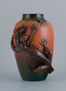 Ipsens', Denmark. Vase in hand-painted glazed ceramic with lizard and beetle.
