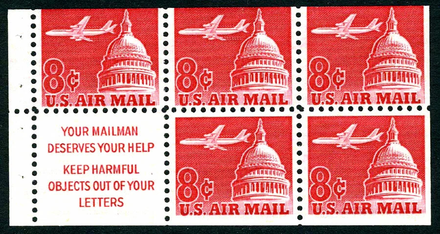 US Air Mail Stamp-Mint OG&NH, F/VF S#C64b booklet pane of 5, slogan I, your mail - Image 1 of 1