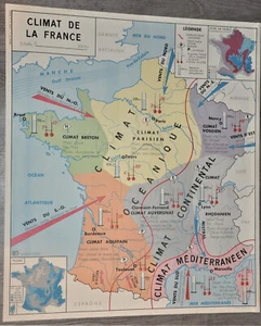 Ancienne affiche pédagogique scolaire collection école France climat atlantique - Imagen 1 de 8