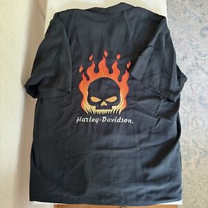 Harley Davidson Shirt Mens XXXL Black Willie G Flaming Skull Embroidered Rayon