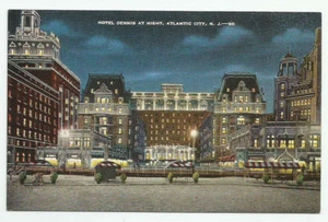 Postal vintage del Hotel Dennis at Night Atlantic City Nueva Jersey era del lino Nueva Jersey - Imagen 1 de 2