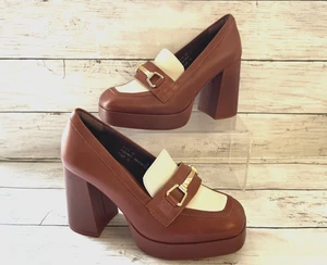M&S Tan & Cream Letahr Heeled Loafers Size 3 Std Fit - Picture 1 of 7