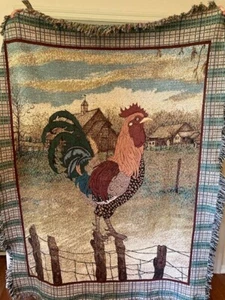 Home Interiors Throw Blanket Farmhouse Rooster Chicken Tapestry 52"W x 68"L USA - Picture 1 of 4