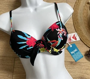 Cool Chic Black Colourful Tropical Floral Print Plunge Bikini Top Moulded Cups - Picture 1 of 8