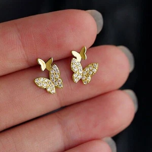 Round Cut Simulated Diamond Butterfly Drop Earrings In 14k Yellow Gold Plated - Picture 1 of 5