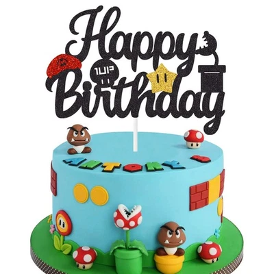 Negro Brillo Mario Cake Topper Feliz Cumpleaños Decoración de Pasteles Videojuego Temático Foto 1 de 4