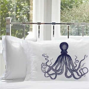 Marineblau Großer Oktopus Kissenbezug Queen Size Baumwolle Kissenbezug Küstendeko - Bild 1 von 1