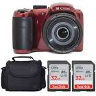 Kodak PIXPRO AZ255 Digital Camera (Red) + SanDisk 32GB Memory Card (2) + Case