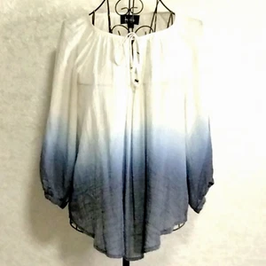 BY & BY Gauzy Boho Top Womens S Drapy Oversized Causal Ombré White to Blue - Picture 1 of 12