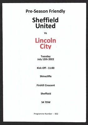 SHEFFIELD UNITED v LINCOLN CITY 12.07.22 PRE-SEASON FRIENDLY PROGRAMME - Image 1 of 3