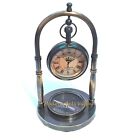 Antique Brass Desk Clock With Base Compass Collectible Decorative Gift