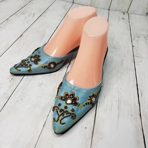 Vintage Escada Blue Embellished Mule Kitten Heels Size 36 - Picture 1 of 9