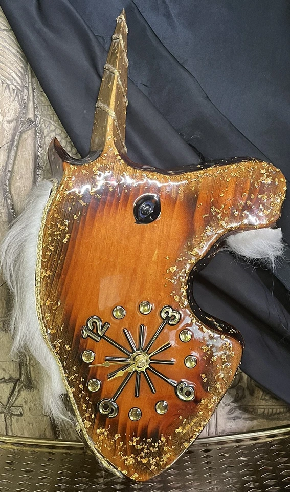 Vintage  Solid Lacquered Wood ,Mythical Unicorn Clock W 24K Gold Flake & Hair - Image 1 of 4