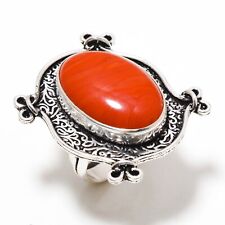 925 Sterling Silver Natural Coral Gemstone Handmade Ring Jewelry Size 8