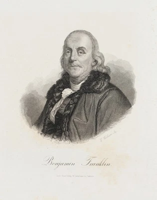 F. WEBER (1813-1882), Benjamin Franklin (1706-1790), Stahlstich Romantik - Bild 1 von 4