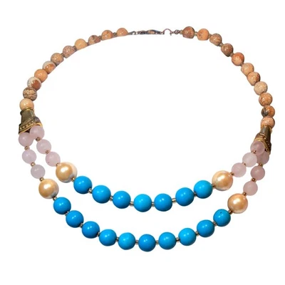 Collar con cuentas de piedras preciosas de varios hilos azul rosa dorado acento Foto 1 de 4