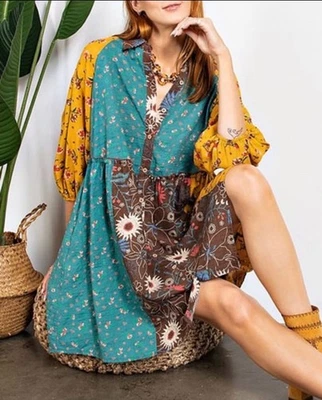 Vestido Caballete Talla Grande Patchwork Boho Floral Manga Larga Con Botones Talla Grande Nuevo Foto 1 de 4