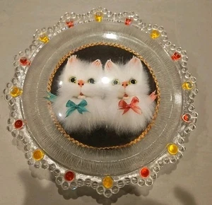 Vintage Glass Clear 3D White Furry Kitties Cat Plate - Picture 1 of 3