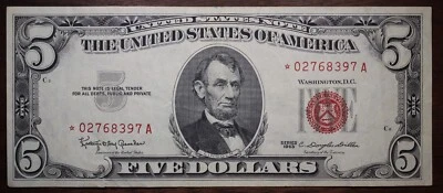 1963 $5 Red Seal Federal Reserve STAR Note AU+ Circulated P40 - Image 1 of 2