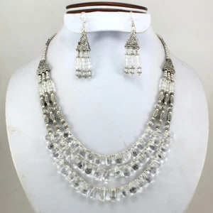 Halskette Ohrringe Natur Weiß Bergkristall Edelstein Handarbeit Perlenschmuck  - Bild 1 von 3