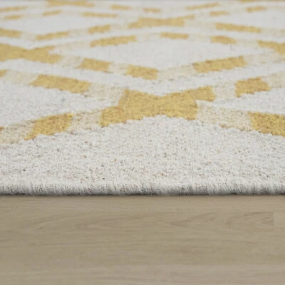 Tapis Salon Tissé Main Motif Géométrique Scandinave Laine Coton Jaune - Photo 1/4