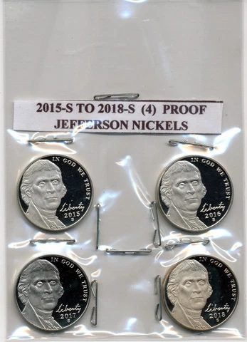 2015-S, 2016-S, 2017-S & 2018-S PROOF JEFFERSON NICKELS (LOT OF 4 COINS) Cover