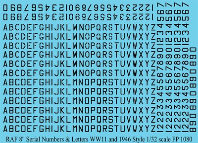 FANTASY PRINTSHOP RAF Seriennummern und Buchstaben 8" Aufkleber Zweiter Weltkrieg und 1946 - FP1080 SCHWARZ Maßstab 1/32