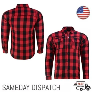 Men Plaid Motorbike Flannel Lumberjack Button Down Shirt with CE Armor Pads Red - Picture 1 of 10