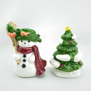 Vintage Snowman and Christmas Tree Salt & Pepper Shaker Set Hand Painted Gibson - Picture 1 of 10