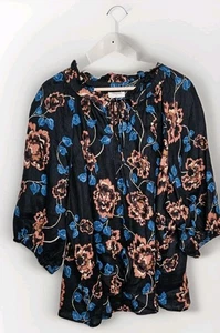 Sussan womens size 16 dark blue linen v neck relaxed floral top - Bild 1 von 13