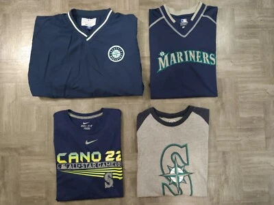 Lote em excelente estado usado de 4 camisetas masculinas SEATTLE MARINERS MLB e jaqueta de aquecimento / TAMANHO MÉDIO - Imagem 1 de 4