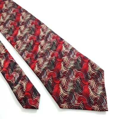 Crazy Horse Claiborne Stain Resistant Print Red Tan Abstract Short Wide Silk Tie - Image 1 of 4