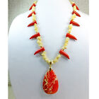 Cosplay Fantasy Necklace, Red Claws White Coral Chips w Dyed Magnesite Pendant